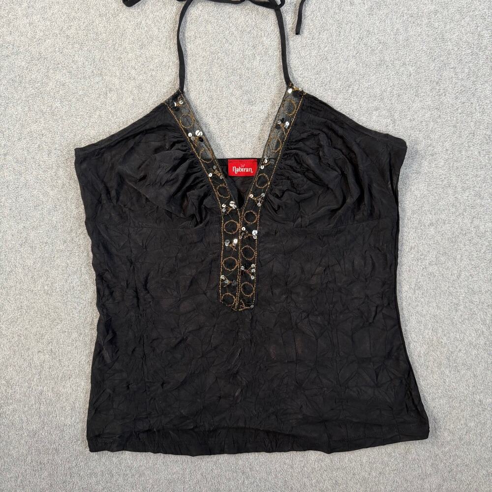 Nabiran Y2k Women's Small Black Halter Top Sequined Beaded Crinkle Tank Blouse